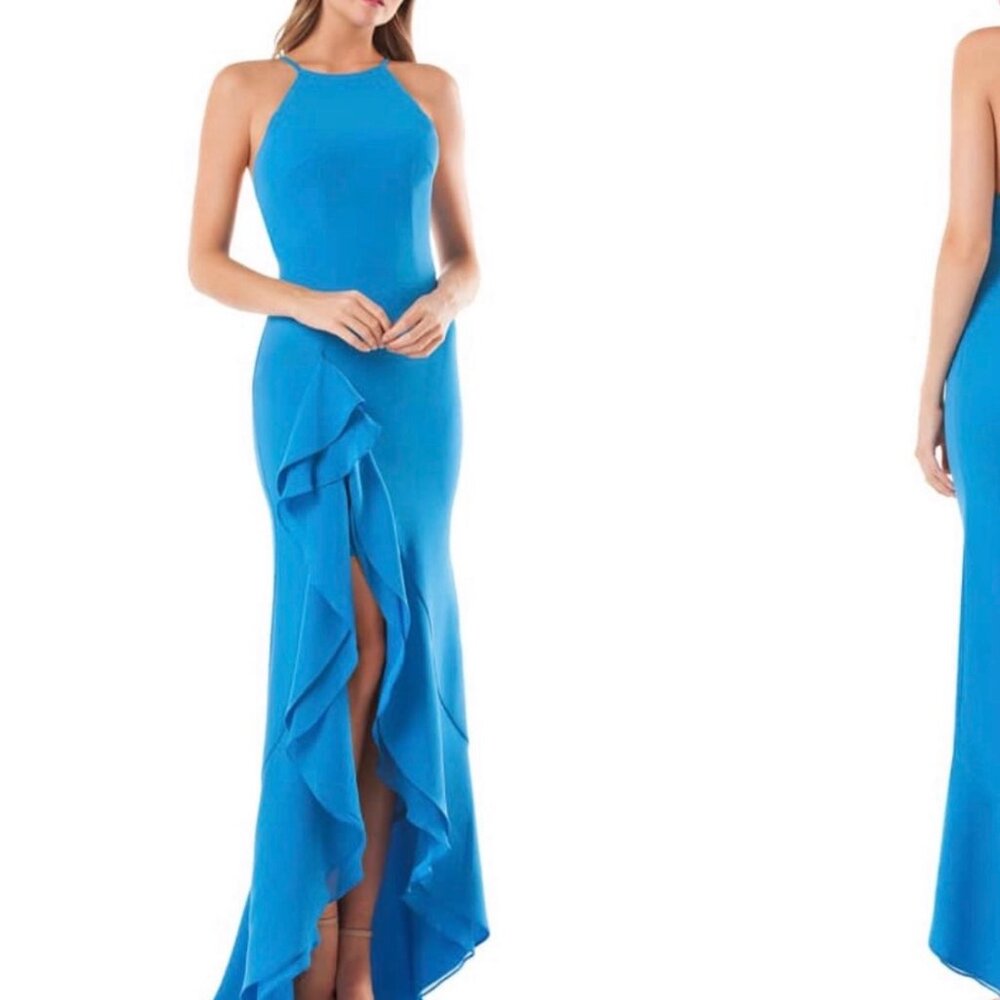 CARMEN MARC VALVO Infusion Peacock Blue Cascading Ruffle Hi-Slit Maxi Gown 6 US